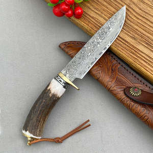 Couteau à lame fixe en acier Damas, manche en bois, étui en cuir, personnalisable OEM, qualité industrielle, survie en plein air, camping, chasse - Product Image 5