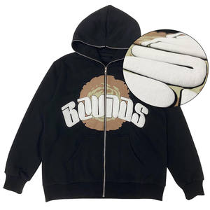 Custom 3D Puff Print Full <b>Zip</b> <b>Hoodie</b> - Heavyweight <b>Black</b> Streetwear Sweatshirt - Men's Oversized Graphic <b>Zip</b>-Up Hoody - Product Image 3