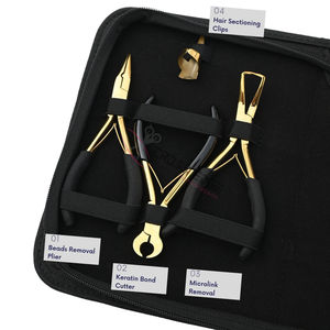Kit completo de herramientas para extensiones de cabello de oro: removedor de microperlas, alicates de crimpado, alicates para extensiones de cinta, cortador de adhesivos y peine para puntas de cabello. - Product Image 3