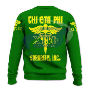 Sweat-shirt vert à col rond Chi Eta Phi Sorority 1932 avec lettres grecques et accents jaunes pour les membres de la sororité CEP - Product Image 3
