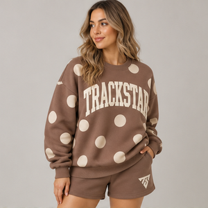 Conjunto Deportivo Casual Personalizado de 2 Piezas para Mujer, Color Marrón Taupe, con Cuello Redondo y Estampado de Puntos Grandes - Product Image 5