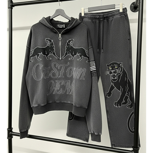 เสื้อฮู้ดดี้ผู้ชายทรงโอเวอร์ไซส์แบบซิปครึ่งตัว ผ้าหนา 400 GSM ทรงบ็อกซี่ พิมพ์ลายตามสั่ง OEM งานปักแบบวินเทจ ล้างสีด้วยกรด ชุดสองชิ้น - Product Image 2