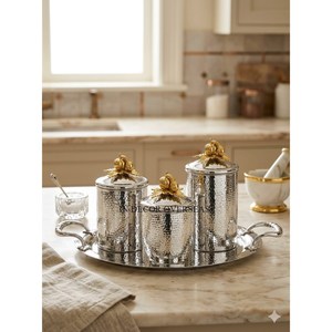 Hot Selling Silver Polished Prime Quality Stainless Steel Hammered Texture <b>Set</b> Of 3 <b>Canisters</b> With Golden Butterfly Handles Top - Product Image 3