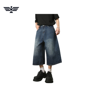Pantalones Cortos de Mezclilla para Hombre, Cintura Alta, Lavado Claro, Transpirables, Ecológicos, Casuales, con Botones, Tejido de Punto, Pierna Ancha, Corte Recto - Product Image 5