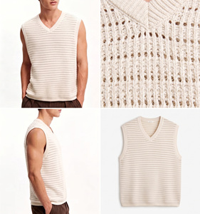 Gilet pull décontracté pour homme en laine/acrylique, uni, anti-plis, col en V, sans manches, tricoté à la machine, maille 12GG, 160g - Product Image 6