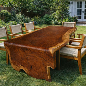 <b>Live</b> <b>Edge</b> Suar Wood L Shaped Dining <b>Table</b> Solid Wood Curved Design Eco-Friendly Durable Natural Finish Midcentury Modern Hotel - Product Image 6