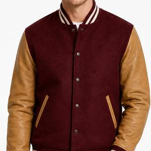 Veste varsity bordeaux pour homme, très tendance, avec manches en cuir beige |   Col côtelé et boutons-pression |   Fabricant OEM ODM - Product Image 2
