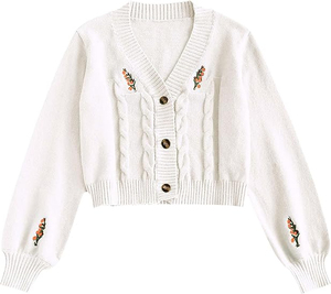 Cardigan blanc en tricot pour femme, col en V, manches longues, broderie florale, style vintage, haut d'automne - Product Image 1