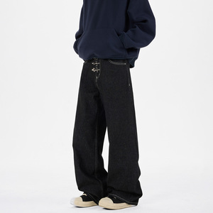 Jean large noir pour homme, taille haute, fermeture boutonnée, en coton délavé, décontracté, mi-saison, poids moyen - Product Image 5