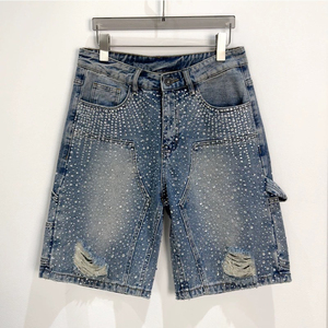 Pantalones Cortos de Mezclilla para Hombre Hechos a Medida, Estilo Vintage, con Cierre, Dobladillo sin Rematar, Tela de Algodón, con Pedrería - Product Image 5