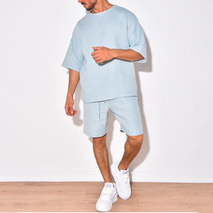Conjunto de Camiseta y Pantalones Cortos de Algodón Azul Claro para Hombre, Ropa Casual de Verano, Transpirable, Cuello Redondo, Color Sólido - Product Image 4