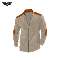 Veste pull-over en velours côtelé blanc pour homme, col montant, empiècements marron aux coudes, color block, décontractée, respirante, automne, 300g