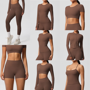 Women 8 Piece Custom <b>Yoga</b> Gym Sets with Long Sleeve <b>Jacket</b> Sports Bra Shorts Tops Stretch Fitness Leggings Ladies Wear Wholesale - Product Image 1