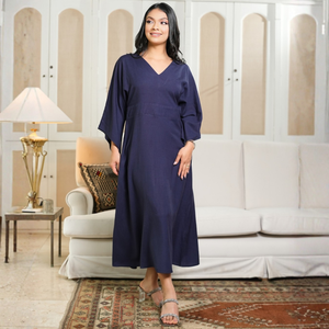 Robe élégante pour femmes en lin rayé bleu marine - Product Image 2