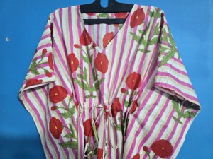 Ropa de Dormir Talla Grande, Estilo Coreano, Kaftán para Mujer con Mangas, Estampado Floral, Hecho a Mano, de Algodón, Ligero, Estilo Boho, para la Playa - Product Image 2