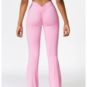 High Waist <b>Flared</b> <b>Leggings</b> With Twist Halter Top Set Spandex Nylon Four-Way Stretch Solid Color Yoga Wear - Product Image 6