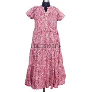 Robes d'été décontractées en coton écologique pour femmes, imprimées à la main, coupe midi moulante, col en V, motif floral, pour soirée, avec poches - Product Image 1