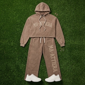 Custom Women Brown Washed Hoodie <b>Wide</b> <b>Leg</b> <b>Jogger</b> Set Cotton Fleece Streetwear Tracksuit OEM Wholesale - Product Image 5