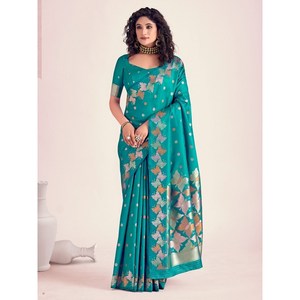ATTRACTIVE BANARASI SOIE AVEC SAREE DE TRAVAIL DE TISSAGE ZARI AVEC BLOUSE INCOSÉE MORPEACH - Product Image 1