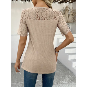 Túnica de punto gofrado asimétrica con encaje y patchwork para mujer - Product Image 3