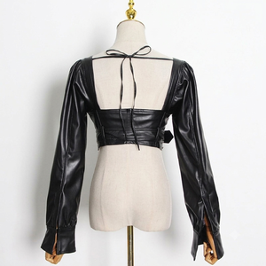 Top Corto Sexy de Piel Sintética Negra para Mujer, Cuello Cuadrado, Manga Larga, Espalda Descubierta, Chaqueta Corta con Cremallera - Product Image 2