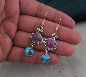 Handcrafted 925 Sterling <b>Silver</b> Purple Blue Copper Lapis Lazuli Bezel Setting Water Drop <b>Dangle</b> <b>Earrings</b> Wholesale Vintage - Product Image 2