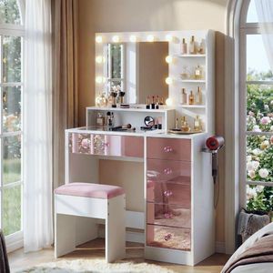 Toeletta Rosa con Finitura Lucida, Piano in Vetro e 11 Lampadine Stile Hollywood, 3 Modalità di Illuminazione, Cassetti e Ripiani - Product Image 1