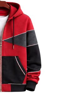 Sweat à capuche zippé personnalisé pour homme, rouge et noir contrastés, en molleton de coton, style streetwear décontracté, veste d'hiver, fabricant sur mesure - Product Image 4