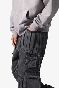 Jeans de Cintura Alta y Pierna Recta con Acabado Stone-Wash, Estampado de Cristales, Textura Grabada con Láser, Rasgados, Bolsillos Grandes, Estilo Cargo, Otoño-Verano - Product Image 5