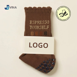 <b>Custom</b> Logo Double <b>Grip</b> <b>Socks</b> With Silicone <b>Grips</b> Inside And Outside Scalloped Cuff Knitted Brown color Crew <b>socks</b> for Women - Product Image 1