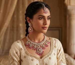Wholesale <b>Prime</b> Polki Kundan Choker Necklace Set with Earrings and Maang Tikka Bridal Wedding Party Wear Gold Plated Jewelry - Product Image 5