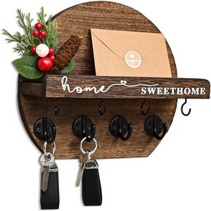 Porte-clés mural avec étagère à fleurs et crochets pour clés, organisateur de courrier, support mural en bois rustique rond - Product Image 1