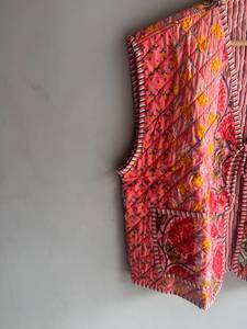 Floral <b>Quilted</b> Cotton Vest V-Neck Patch Pocket Reversible Striped <b>Pattern</b> Women's <b>Jacket</b> Spring Style GIFT FOR HER - Product Image 4