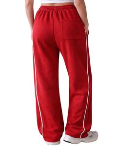 Pantalones de chándal de forro polar rojos para mujer, de pierna ancha, con ribete lateral, cintura elástica con cordón, ajuste holgado informal, estilo jogger, ropa de descanso suave - Product Image 2
