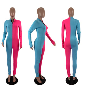 Mono de mujer de manga larga con bloques de color, cintura alta, cremallera, cuello alto, ajuste ceñido, largo completo, para discoteca, de elastano y poliéster - Product Image 5