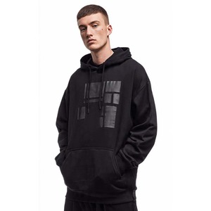 Sweat-shirt à capuche noir pour homme avec imprimé abstrait blanc, poche, coupe ample décontractée, 100% coton, tissu en molleton français, vêtement d'automne - Product Image 4