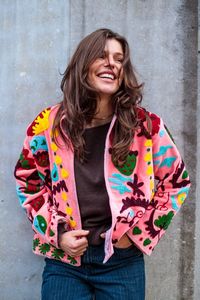 Embroidered Embossed Knitted Velvet <b>Jacket</b> Reversible Varsity Style Autumn Satin Outerwear Floral Pattern <b>Mandarin</b> <b>Collar</b> 100% - Product Image 4