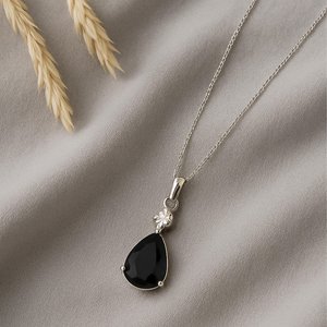 Sterling Silver Black Onyx Teardrop Pendant Bezel Setting Moissanite Accent Vintage Elegant Luxury Jewelry <b>Gift</b> Women Children's - Product Image 2