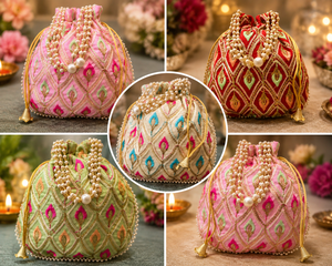 Sac Potli indien fait main brodé Gota, décoré de perles, fermeture à cordon, style bohème, mini sac pour femme, sac de soirée - Product Image 1