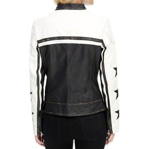 แจ็คเก็ตผู้หญิงสีขาวดำแบบใหม่ขายส่งพร้อมโลโก้สั่งทำ แจ็คเก็ตวินเทจฤดูหนาว แจ็คเก็ตบอมเบอร์หนังแท้ทันสมัย สไตล์สตรีทแวร์ - Product Image 2