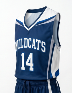 Ensemble de maillot de basket-ball pour hommes, bleu marine, sublimé, col en V, sans manches, short à cordon de serrage, évacuation de l'humidité, coupe athlétique - Product Image 4