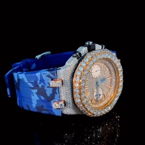 Montre de luxe pour homme en or rose, sertie de diamants Moissanite VVS taille ronde, style Hip Hop, avec bracelet en caoutchouc bleu - Product Image 3