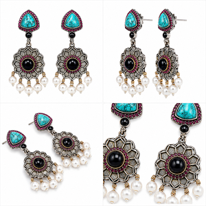 Top Quality Traditional 18K Gold Plated Brass Pearl Antique Silver Finish Fancy Statement <b>Stud</b> Earrings Women Wholesale Supplier - Product Image 1