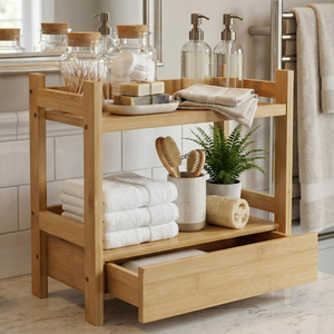 Minimalist Teak Wood <b>Bathroom</b> Counter Organizer with <b>Storage</b> <b>Drawer</b> and Open Shelf Display - Product Image 1