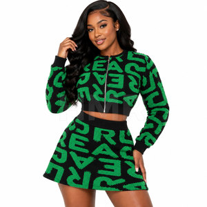 HMR Sisterhood Sorority OEM ODM Acrylic Cotton Letter Print Zipper Top Knitted Varsity Greek <b>Cardigan</b> Skirt Set - Product Image 1
