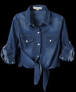 Camisa Vaquera de Mujer de Primera Calidad en Oferta, con Cuello Cruzado y Botones al Frente, Manga Tres Cuartos, con Contraste 2026 - Product Image 6