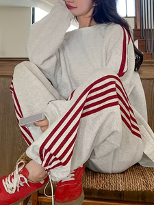 Ensemble de vêtements de sport décontractés et élégants pour femmes, style universitaire d'hiver, coupe régulière, sweat-shirt rayé et pantalon de jogging, ensemble 2 pièces, 100% coton Terry - Product Image 2