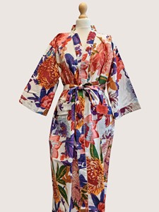 Bata Larga Estampada Floral para Mujer, Manga Tres Cuartos, Cuello en V, 100% Poliéster, Suave, Informal, para Verano, con Cierre de Cordón - Product Image 1