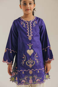 Girls Purple Embroidered Kurta With Cream Pants Traditional Indian Pakistani Wear Regular Fit Midi Length Cotton Casual Outfit - Product Image 4