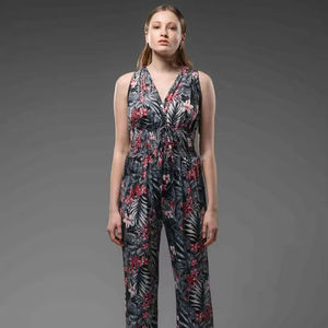 Mono estampado de algodón para mujer, sin mangas, cuello en V, cintura elástica, ajuste holgado, ropa informal para la playa - Product Image 1